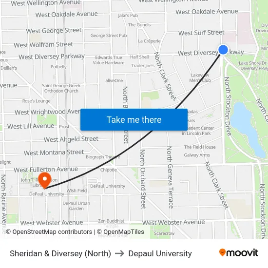 Sheridan & Diversey (North) to Depaul University map