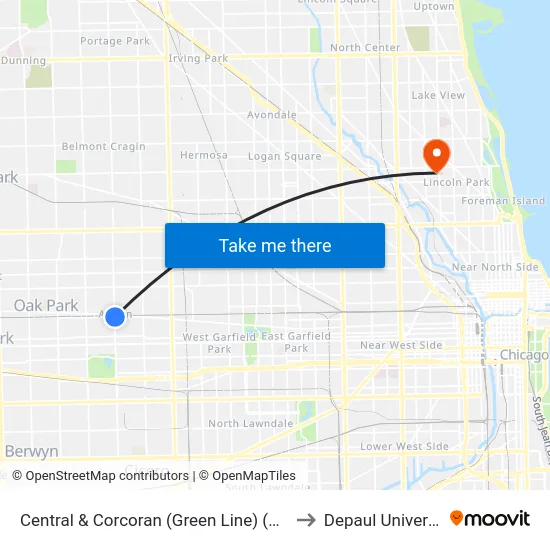 Central & Corcoran (Green Line) (North) to Depaul University map