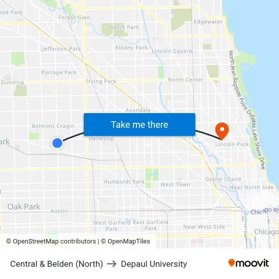 Central & Belden (North) to Depaul University map
