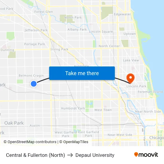 Central & Fullerton (North) to Depaul University map