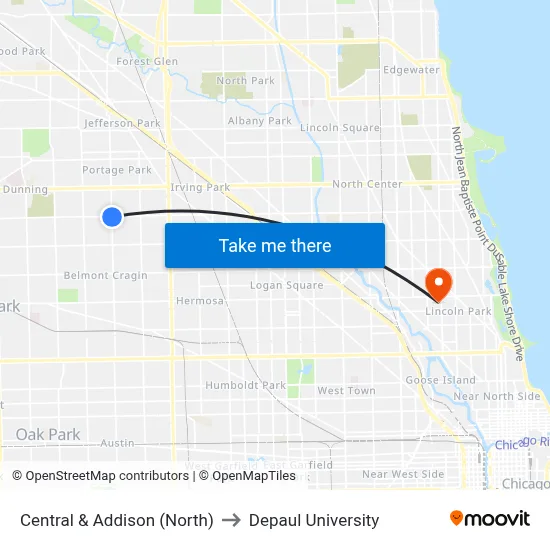 Central & Addison (North) to Depaul University map