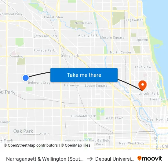 Narragansett & Wellington (South) to Depaul University map