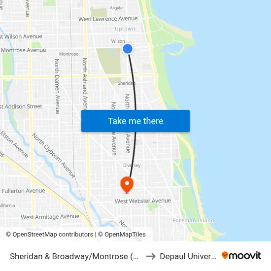 Sheridan & Broadway/Montrose (North) to Depaul University map