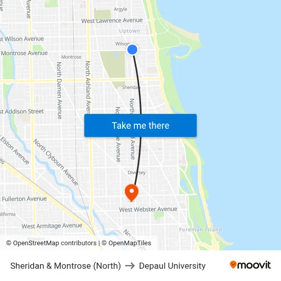 Sheridan & Montrose (North) to Depaul University map