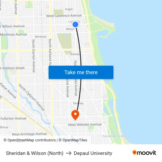 Sheridan & Wilson (North) to Depaul University map