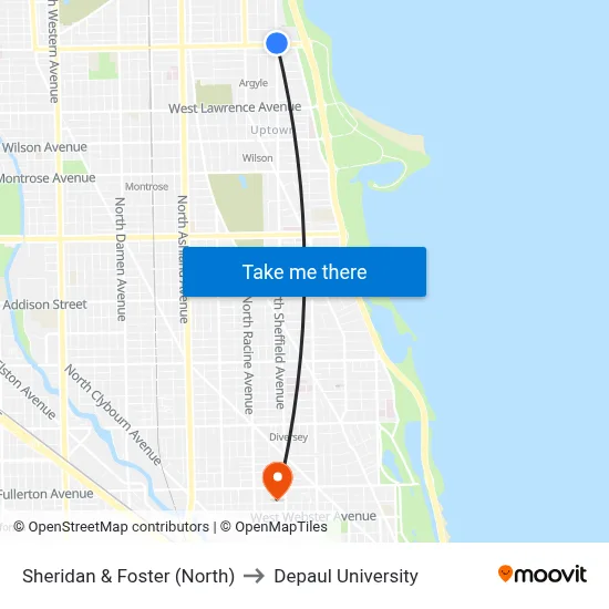 Sheridan & Foster (North) to Depaul University map