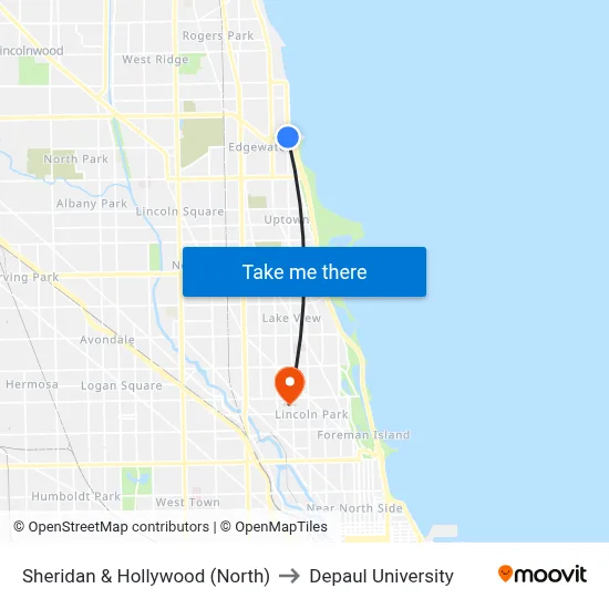 Sheridan & Hollywood (North) to Depaul University map