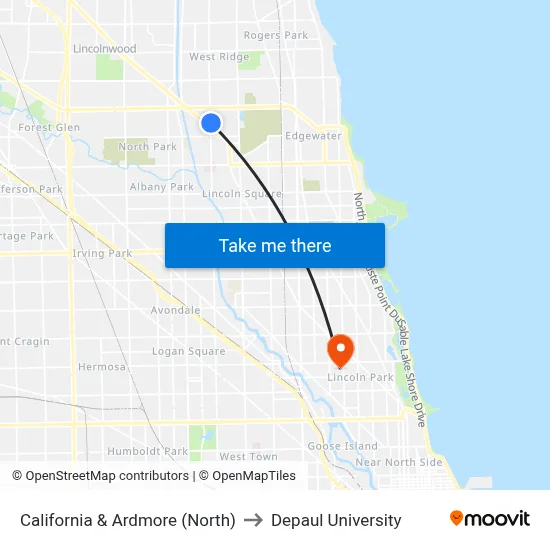 California & Ardmore (North) to Depaul University map