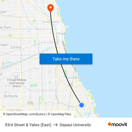 93rd Street & Yates (East) to Depaul University map