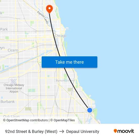 92nd Street & Burley (West) to Depaul University map