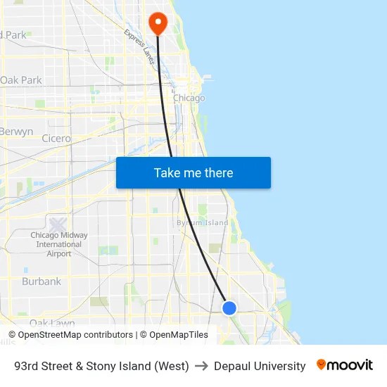 93rd Street & Stony Island (West) to Depaul University map
