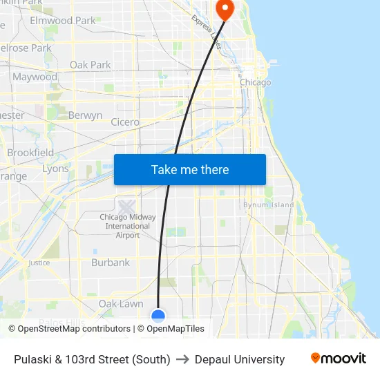 Pulaski & 103rd Street (South) to Depaul University map