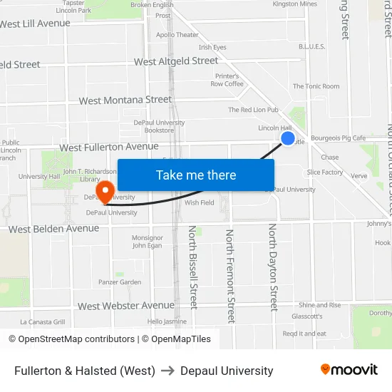 Fullerton & Halsted (West) to Depaul University map