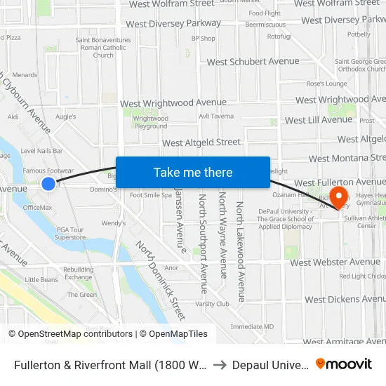 Fullerton & Riverfront Mall (1800 W) (West) to Depaul University map