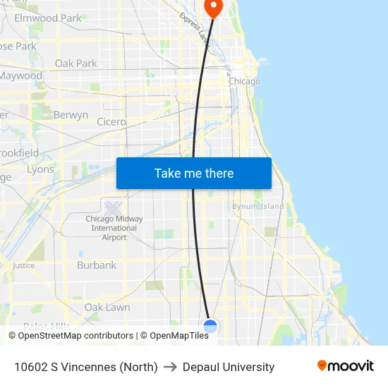 10602 S Vincennes (North) to Depaul University map