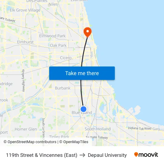 119th Street & Vincennes (East) to Depaul University map