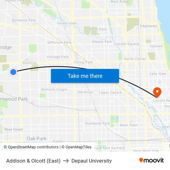 Addison & Olcott (East) to Depaul University map