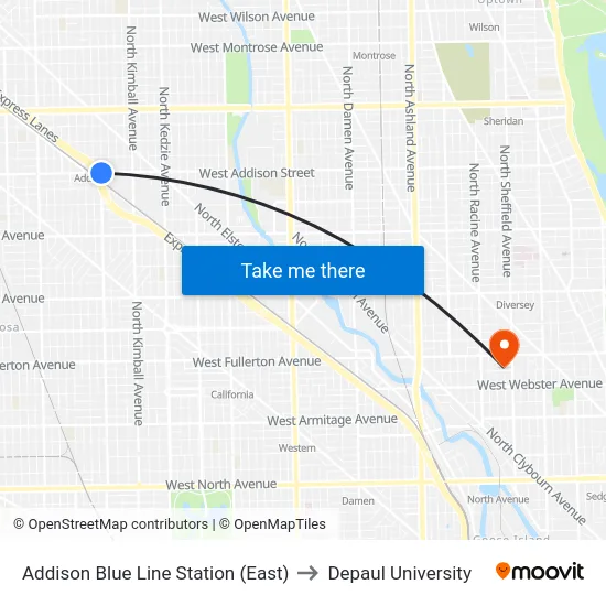 Addison Blue Line Station (East) to Depaul University map