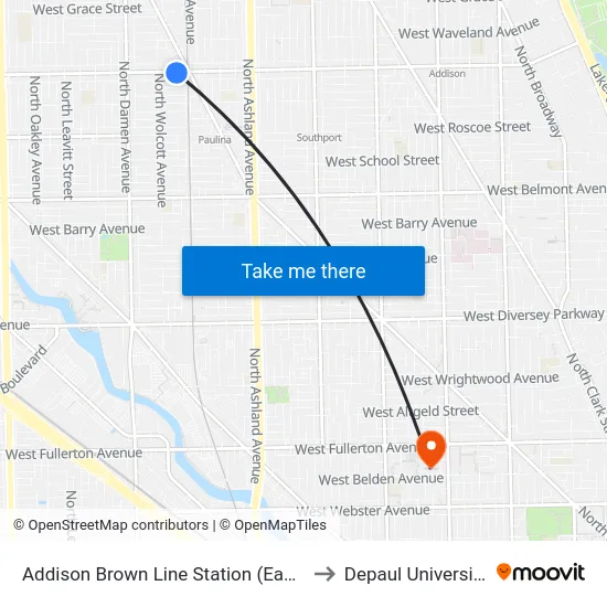 Addison Brown Line Station (East) to Depaul University map