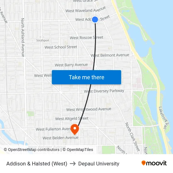 Addison & Halsted (West) to Depaul University map