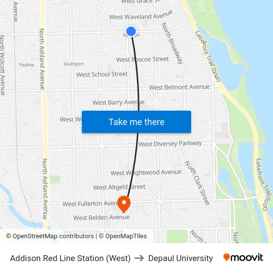 Addison Red Line Station (West) to Depaul University map