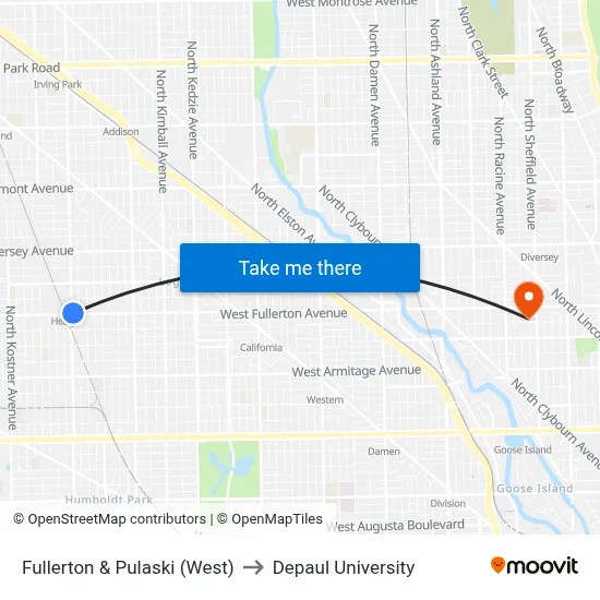 Fullerton & Pulaski (West) to Depaul University map