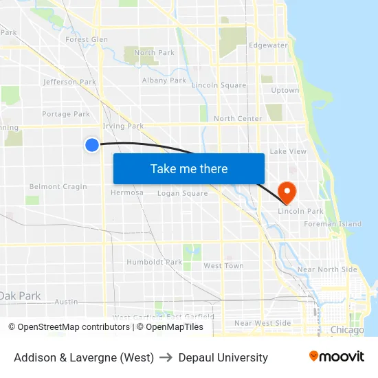 Addison & Lavergne (West) to Depaul University map