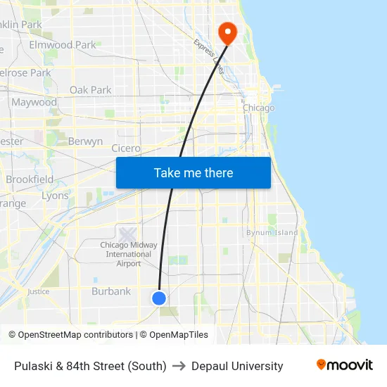 Pulaski & 84th Street (South) to Depaul University map
