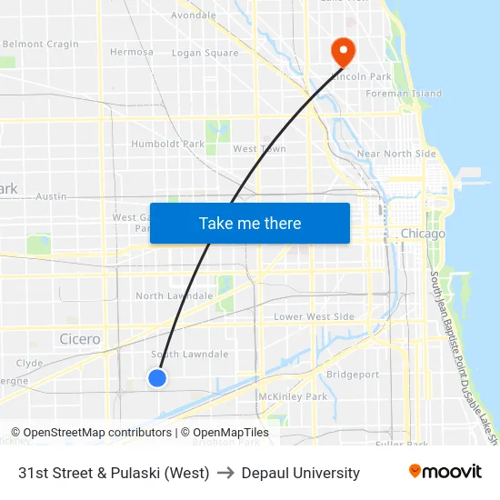 31st Street & Pulaski (West) to Depaul University map