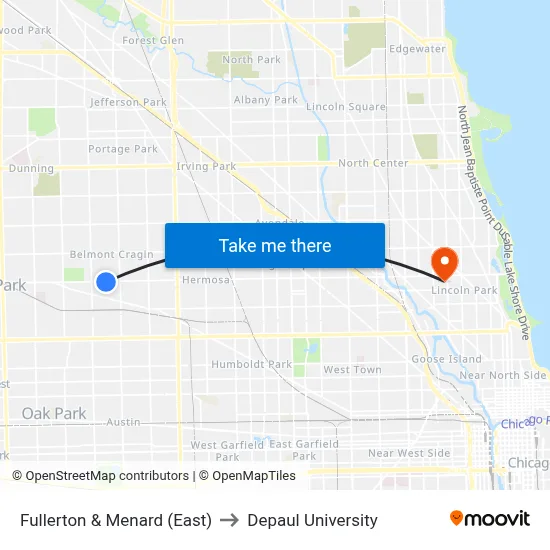 Fullerton & Menard (East) to Depaul University map