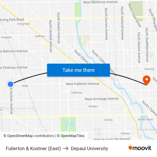Fullerton & Kostner (East) to Depaul University map