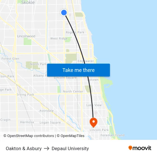 Oakton & Asbury to Depaul University map