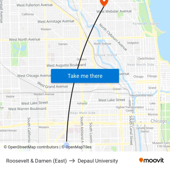 Roosevelt & Damen (East) to Depaul University map
