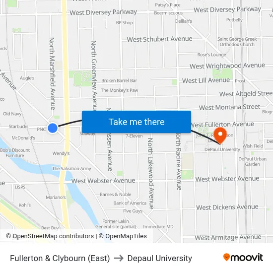 Fullerton & Clybourn (East) to Depaul University map