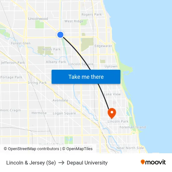 Lincoln & Jersey (Se) to Depaul University map