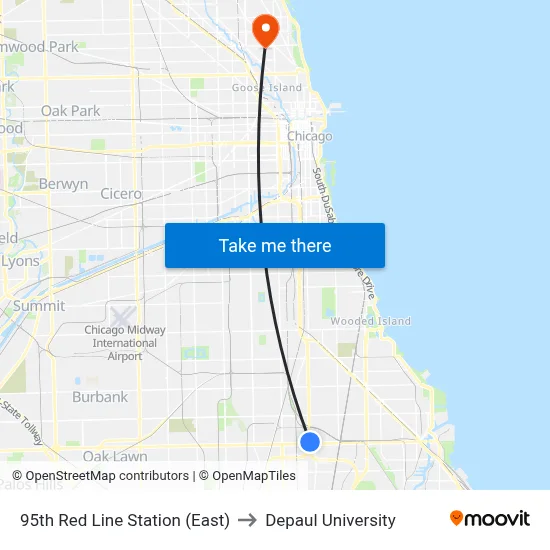 95th Red Line Station (East) to Depaul University map