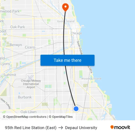 95th Red Line Station (East) to Depaul University map