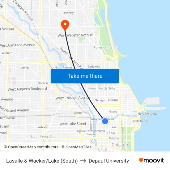 Lasalle & Wacker/Lake (South) to Depaul University map
