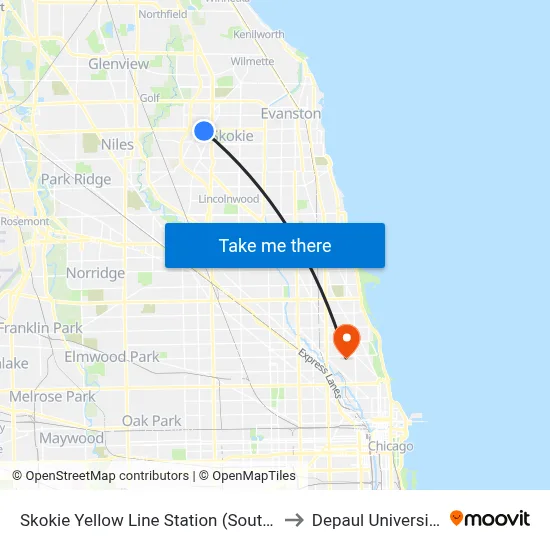 Skokie Yellow Line Station (South) to Depaul University map