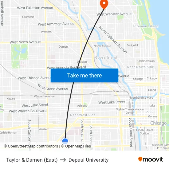 Taylor & Damen (East) to Depaul University map