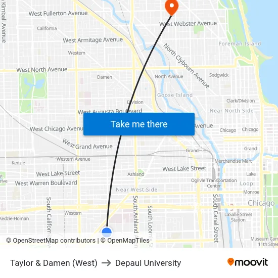 Taylor & Damen (West) to Depaul University map