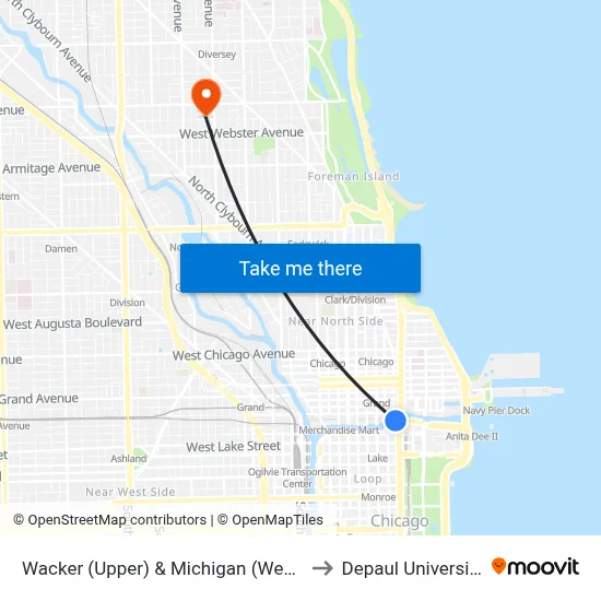 Wacker (Upper) & Michigan (West) to Depaul University map