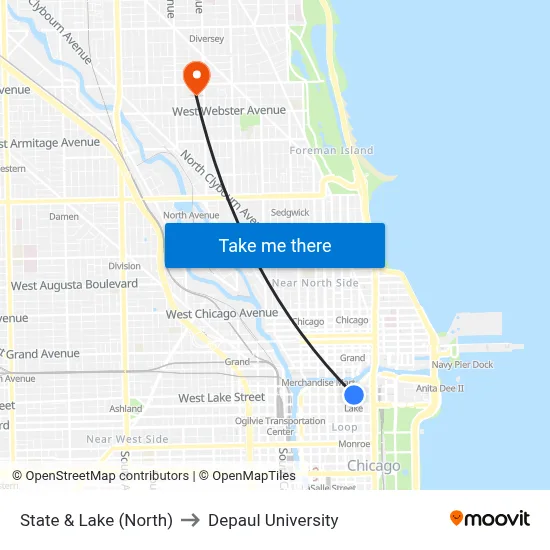 State & Lake (North) to Depaul University map