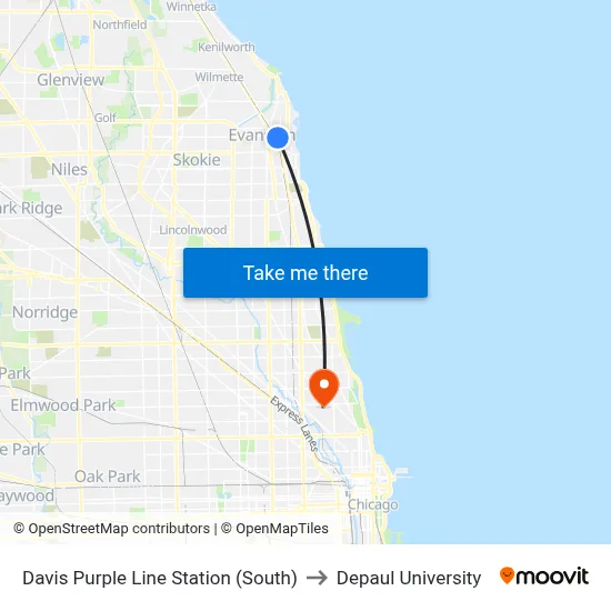 Davis Purple Line Station (South) to Depaul University map
