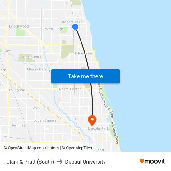 Clark & Pratt (South) to Depaul University map