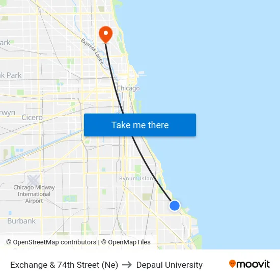 Exchange & 74th Street (Ne) to Depaul University map