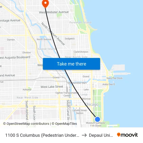 1100 S Columbus (Pedestrian Underpass) (North) to Depaul University map