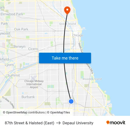 87th Street & Halsted (East) to Depaul University map