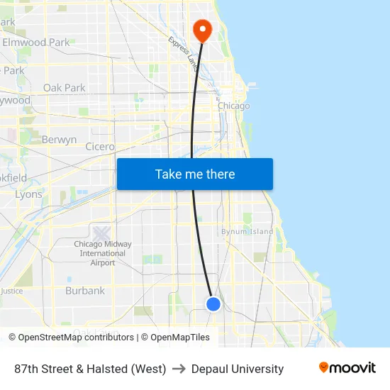 87th Street & Halsted (West) to Depaul University map