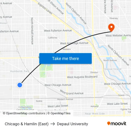 Chicago & Hamlin (East) to Depaul University map